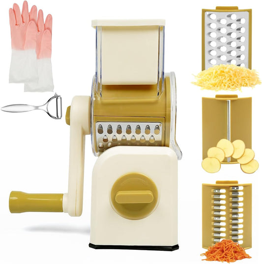 3 in 1 Cheese Grater, Rotary Cheese Grater with Handle for kitchen, Vegetable Slicer with 3 Replaceable Stainless Steel Blades,Peeler and Rubber Gloves (White)