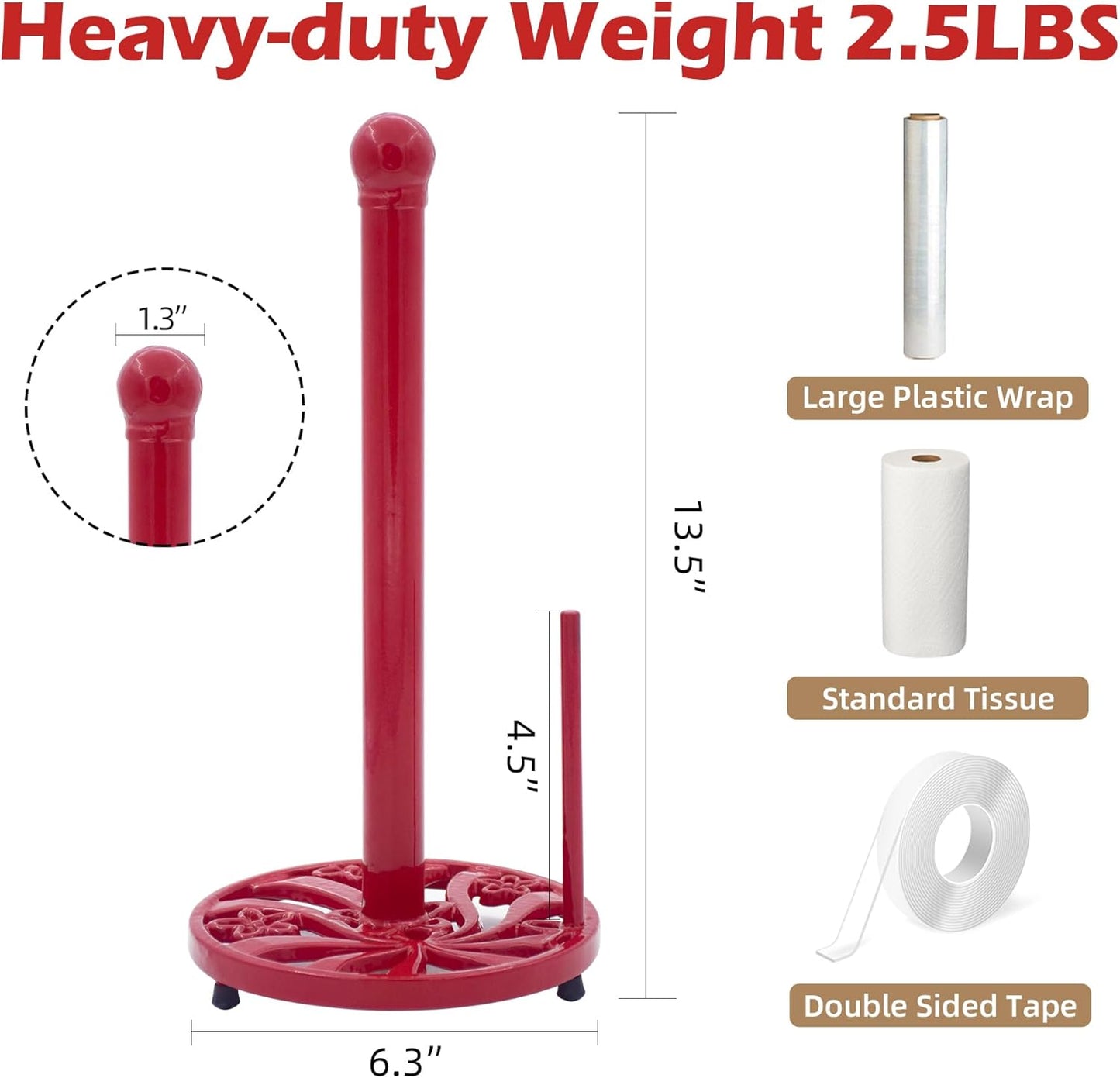 Vintage Paper Towel Holder Countertop - Cast Iron Standing Roll Paper Towel Dispenser with Elegant and Heavy Daffodil Pattern Base for Kitchen Décor, Red