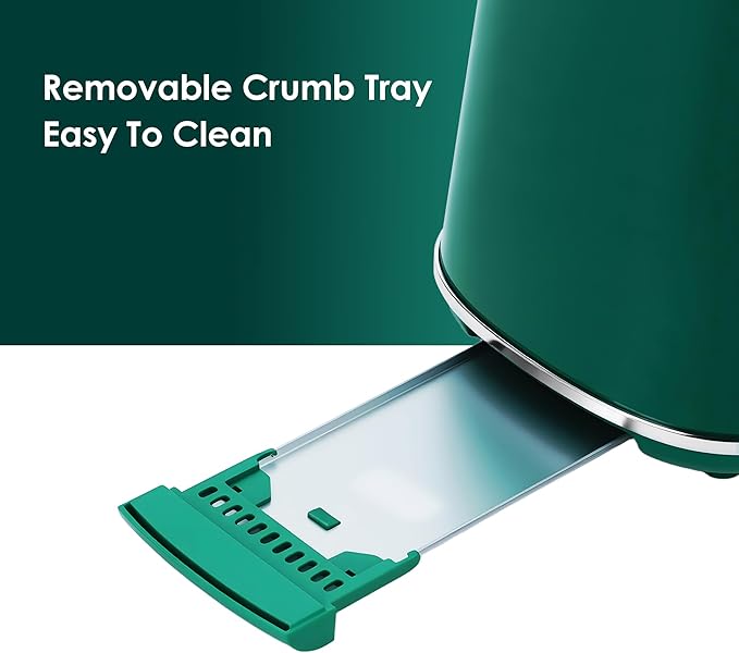 Roter Mond 4 Slice Toaster Retro Stainless Steel Toaster with Bagel, Cancel, Defrost Function and 6 Bread Shade Settings Bread Machine, Long Extra Wide Slots and Removable Crumb Tray, Green