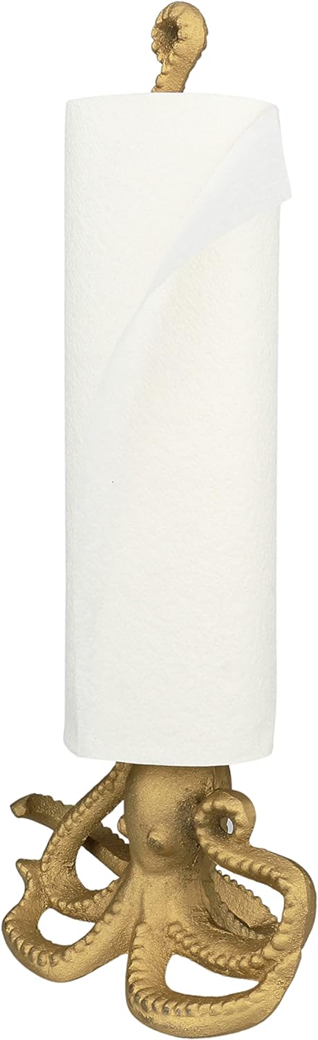 WallCharmers Gold Paper Towel Holder, Metal Toilet or Kitchen Paper Holder for Floor or Countertop, Gold Octopus