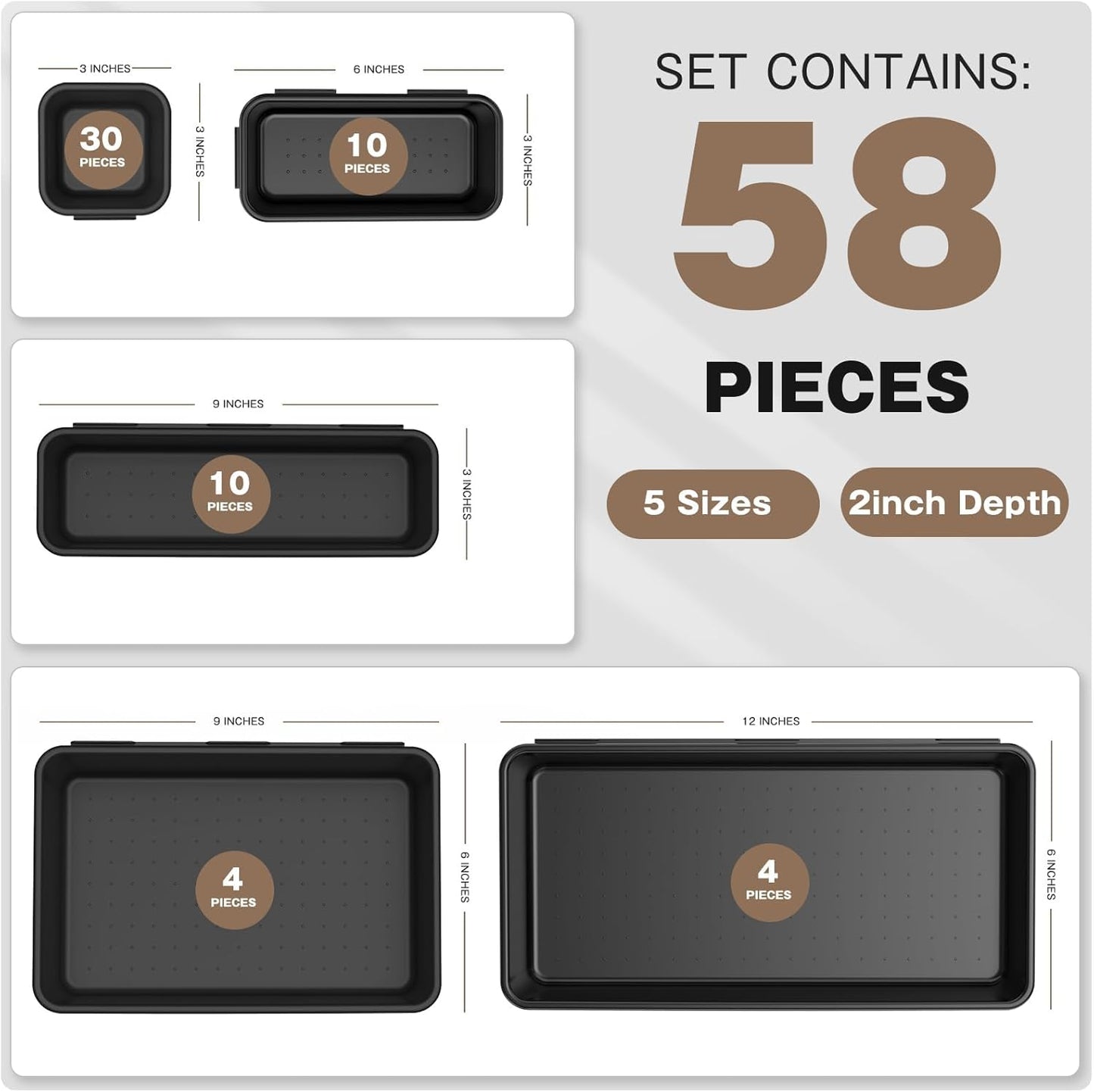 A-LUGEI【𝟱𝟴𝗣𝗰𝘀】【5 Size】 Tool Box Organizer Tray Divider Set, 【Black】 Desk Drawer Organizer, Garage Organization and Storage Toolbox Accessories Rolling Tool Chest Cart Cabinet WorkBench Small Part