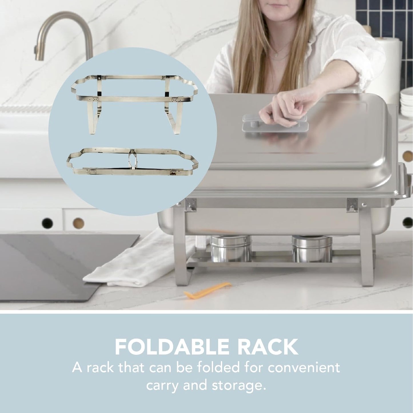 4 Pack Chafing Dish Full Set – Stainless Steel Catering Chafer with Lids, Pans & Fuel Holders – Buffet Food Warmers for Parties, Events & Weddings – Alpine Gray Handles