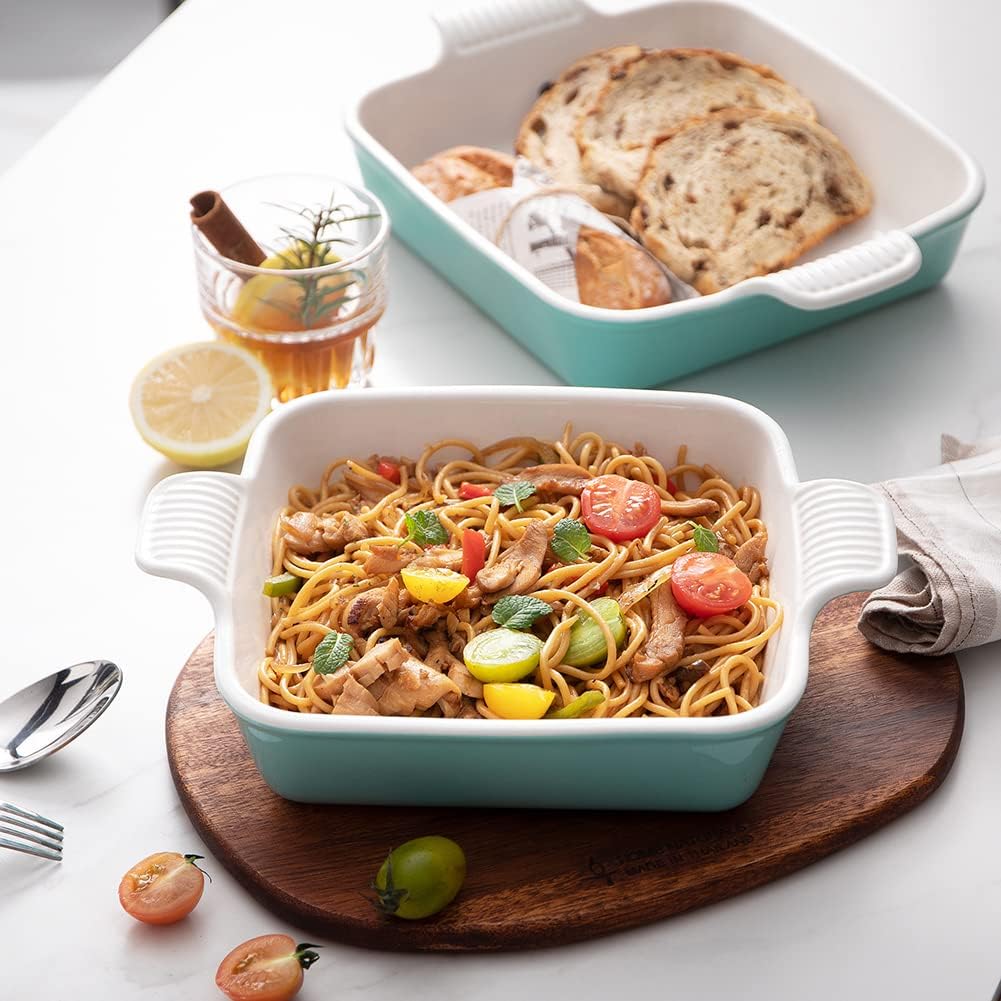 Sweejar Ceramic Baking Dish, 8 x 8 Cake Baking Pan for Brownie, Porcelain Square Bakeware with Double Handle for Casserole, Lasagna, Family Dinner (Dark Turquoise)