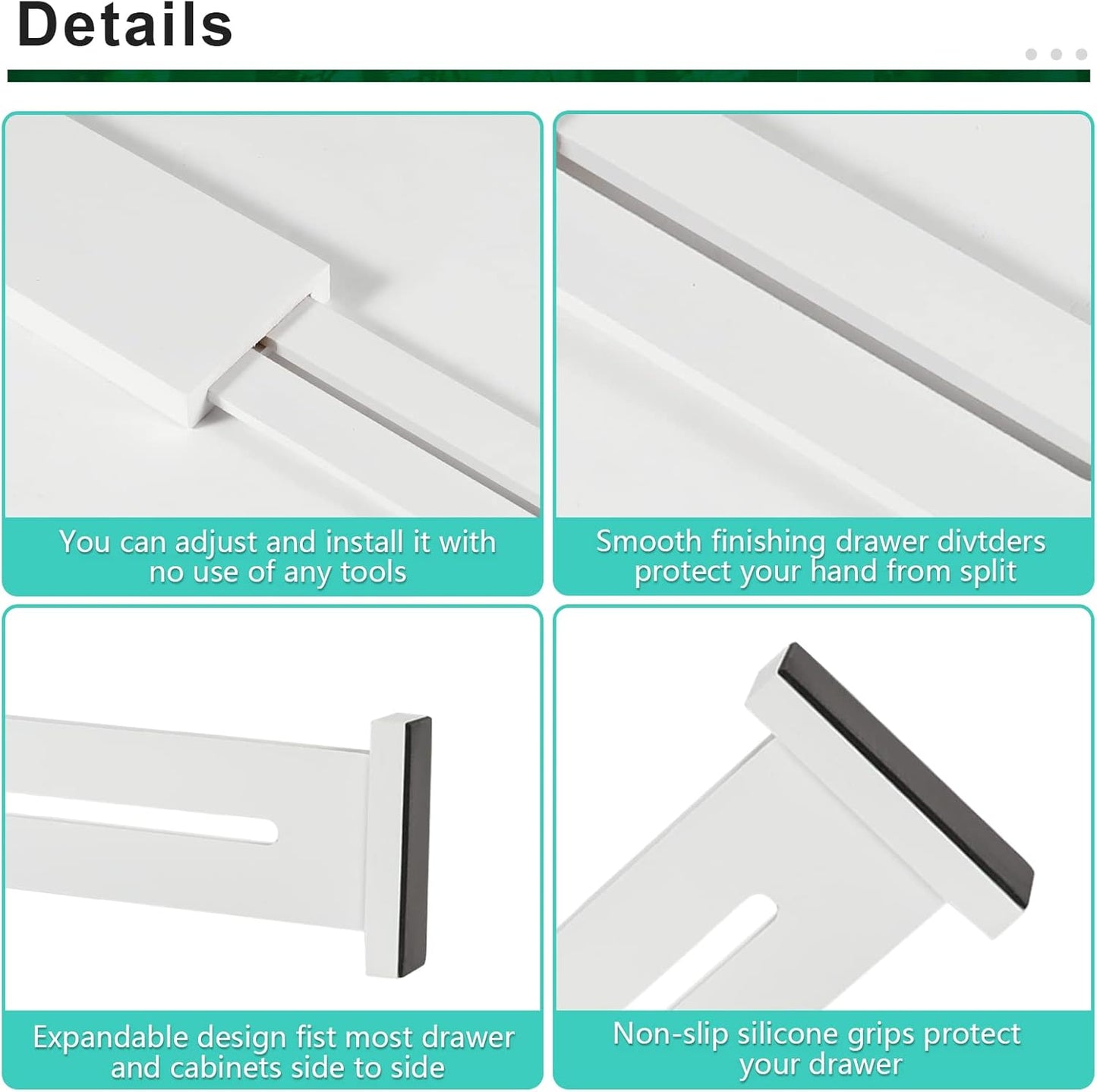 FJO 4 Pack Adjustable Bamboo Drawer Dividers - 12.5" - 21.7" Expandable Drawer Separators for Kitchen, Utensils, Clothes, Bedroom, Dresser, Bathroom (White)