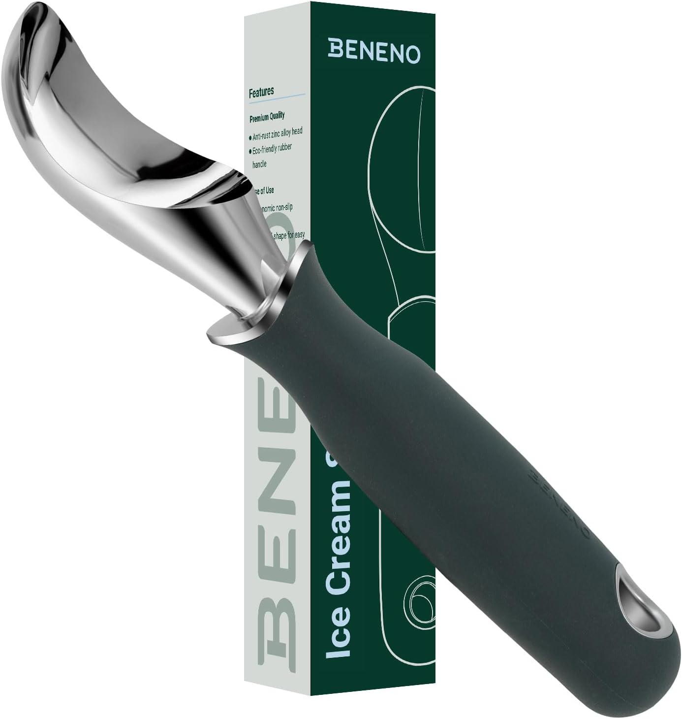 Beneno Heavy Duty Ice Cream Scoop - Upgraded Anti-Fracture Design, Comfortable Grip Long Handle, Effortless Scooping & Dishwasher Safe, Green