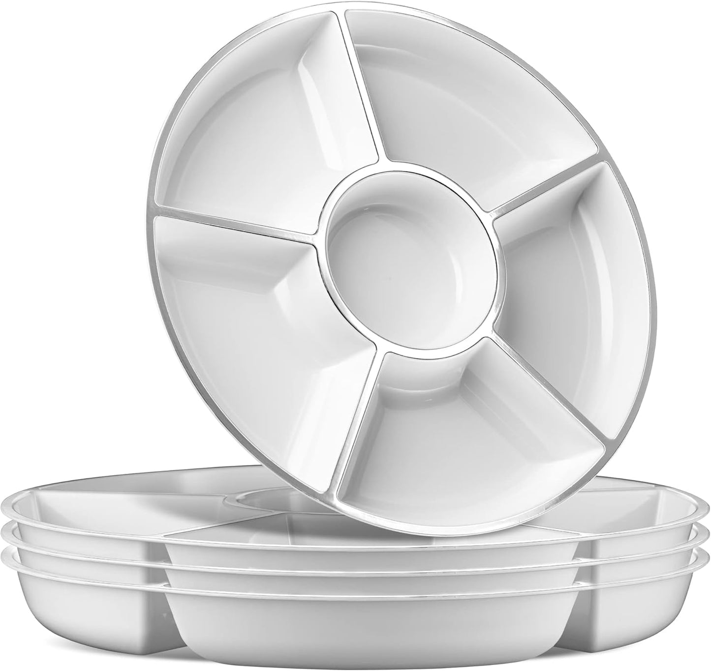 Plasticpro 6 Sectional Round Plastic Serving Tray/Platters White & Silver Pack of 4