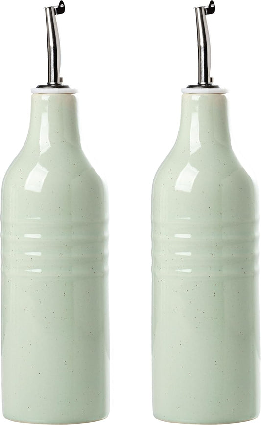 famiware Jupiter 16oz Ceramic Olive Oil Dispenser Bottle, Olive Oil and Vinegar Dispenser Bottle Set of 2 with Stainless Steel Pourers, Suitable for Storage Vinegar, Liquids, Light Green