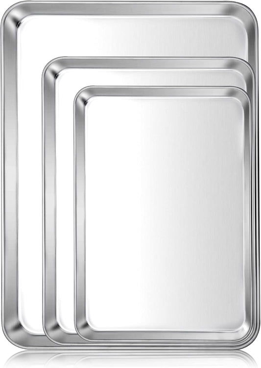 E-far Baking Cookie Sheet Pan Set of 3, 16/12.4/10.4 Inch, Stainless Steel Baking Pans Set for Oven, Rectangle Baking Tray for Cooking Roasting, Non Toxic & Easy Clean, Dishwasher Safe