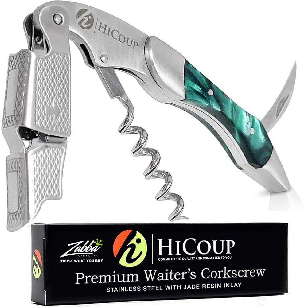 Hicoup Wine Opener - Professional Corkscrews for Wine Bottles w/Foil Cutter and Cap Remover - Manual Wine Key for Servers, Waiters, Bartenders and Home Use - Stainless Steel With Jade Resin Inlay
