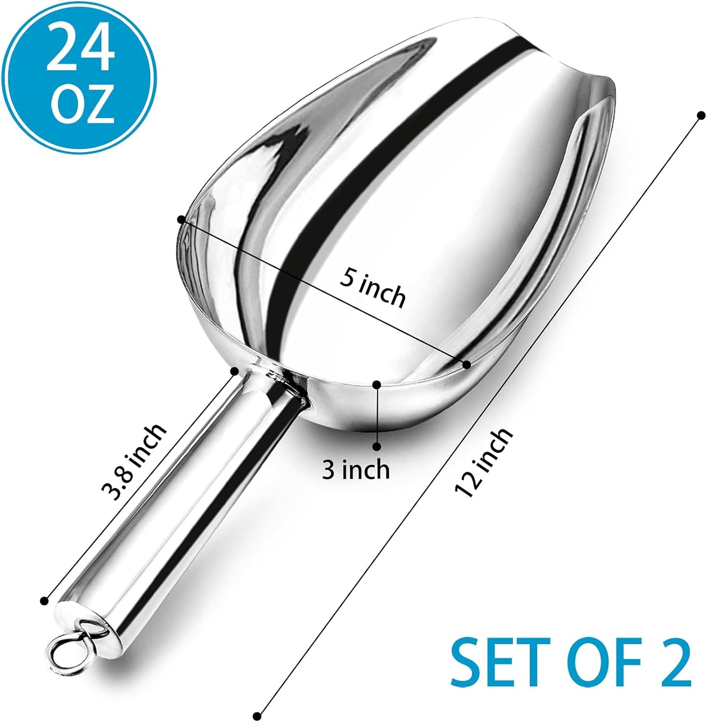 P&P CHEF Food Ice Scoop, Stainless Steel Scoop, Metal Candy Popcorn Flour Utility Scooper for Wedding Party Bar Kitchen Bath, Heavy Duty & Dishwasher Safe, (24oz, 2Pcs)