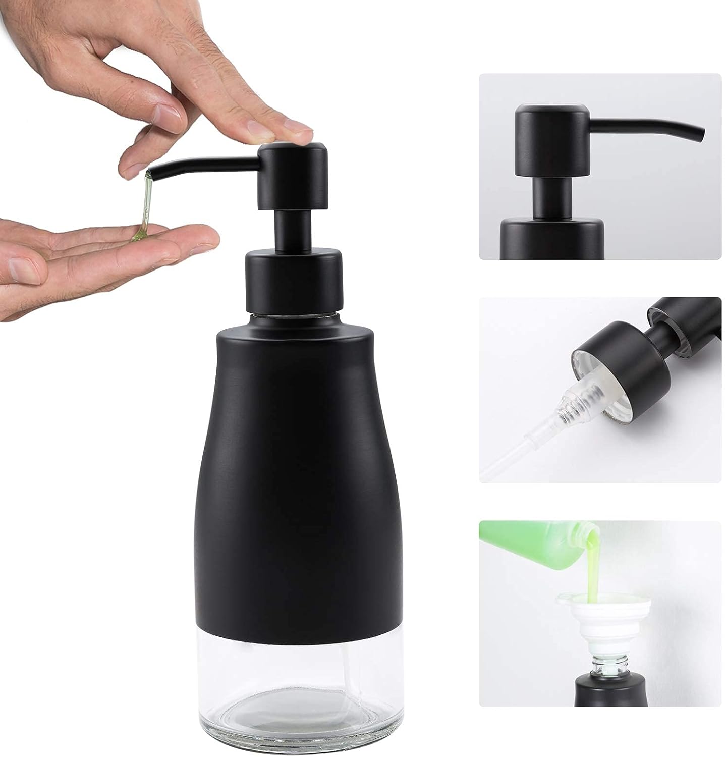 Black Soap Dispenser with Coasterand Stickers, Refillable Liquid Stainless Steel Soap Dispenser for Kitchen Sink, Bathroom Countertop (11OZ / 320ML)