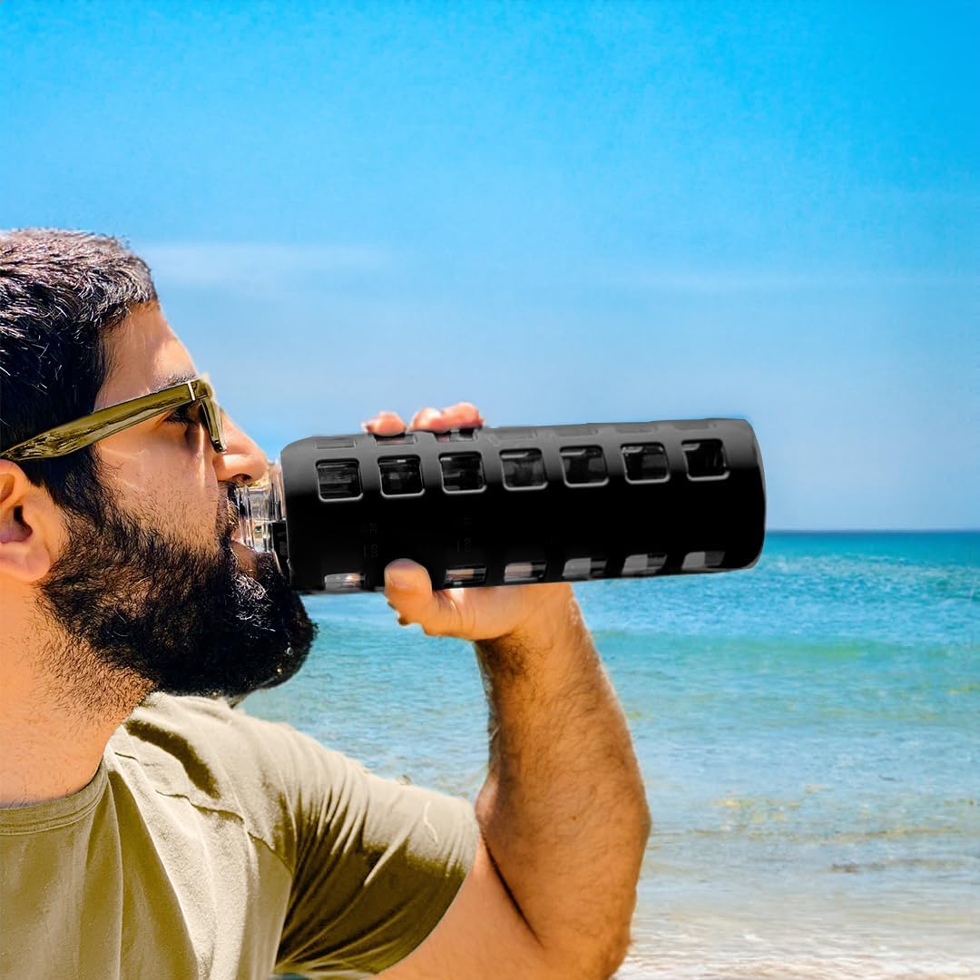 purifyou 40oz / 32oz / 22oz / 12oz Borosilicate Glass Water Bottle with Time & Volume Markers, Silicone Sleeve, Stainless Steel Lid – Reusable Glass Bottle for Water & Juice (22oz Jet Black)