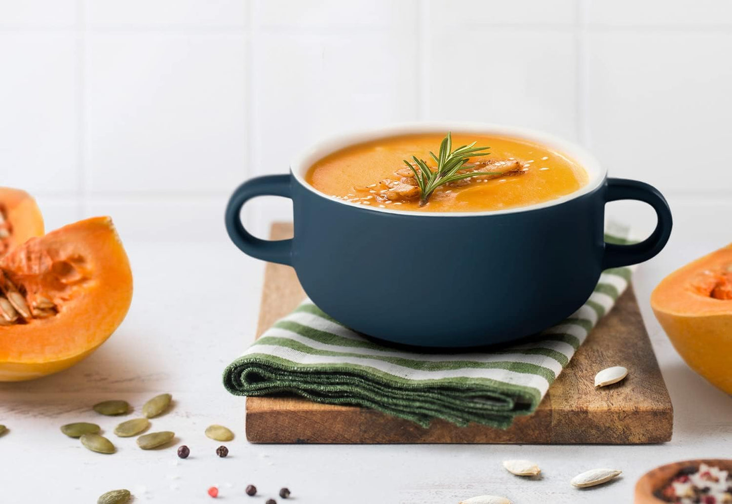 Kook Soup Crocks, Ceramic Bowls, Broil, Oven, Microwave and Dishwasher Safe, with Handles, For Casserole, Pasta, Cereal, 18 oz, Set of 4 (Navy)