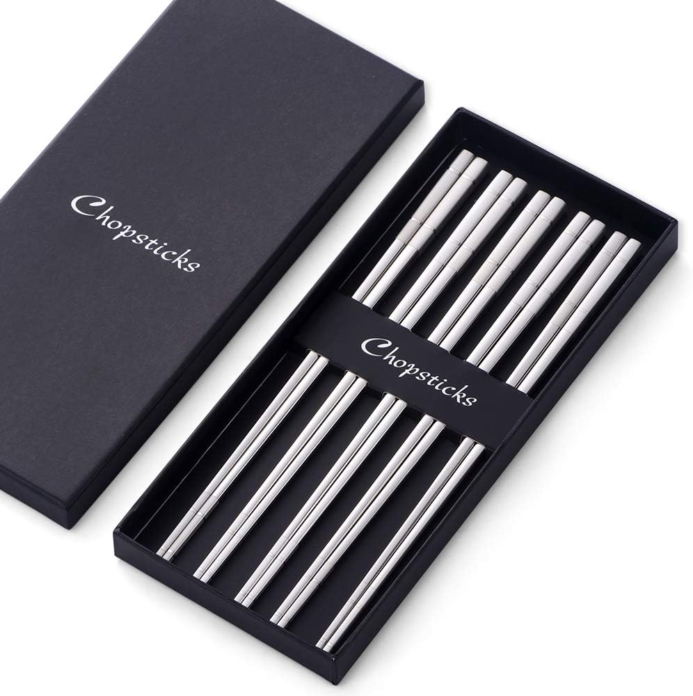 Buyer Star 5-pair Stainless Steel Chopsticks - Silver Metal Reusable Chinese Square Chopsticks