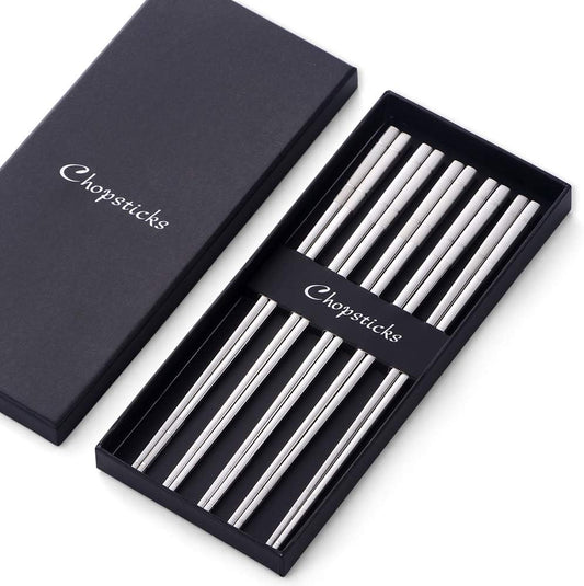 Buyer Star 5-pair Stainless Steel Chopsticks - Silver Metal Reusable Chinese Square Chopsticks