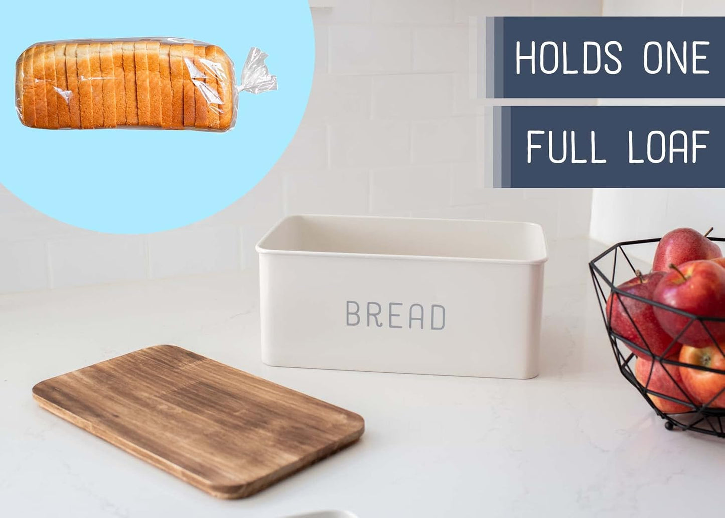 Nat & Jules Matte White 12 x 7 Metal Enamel Rubber Wood Lidded Bread Box