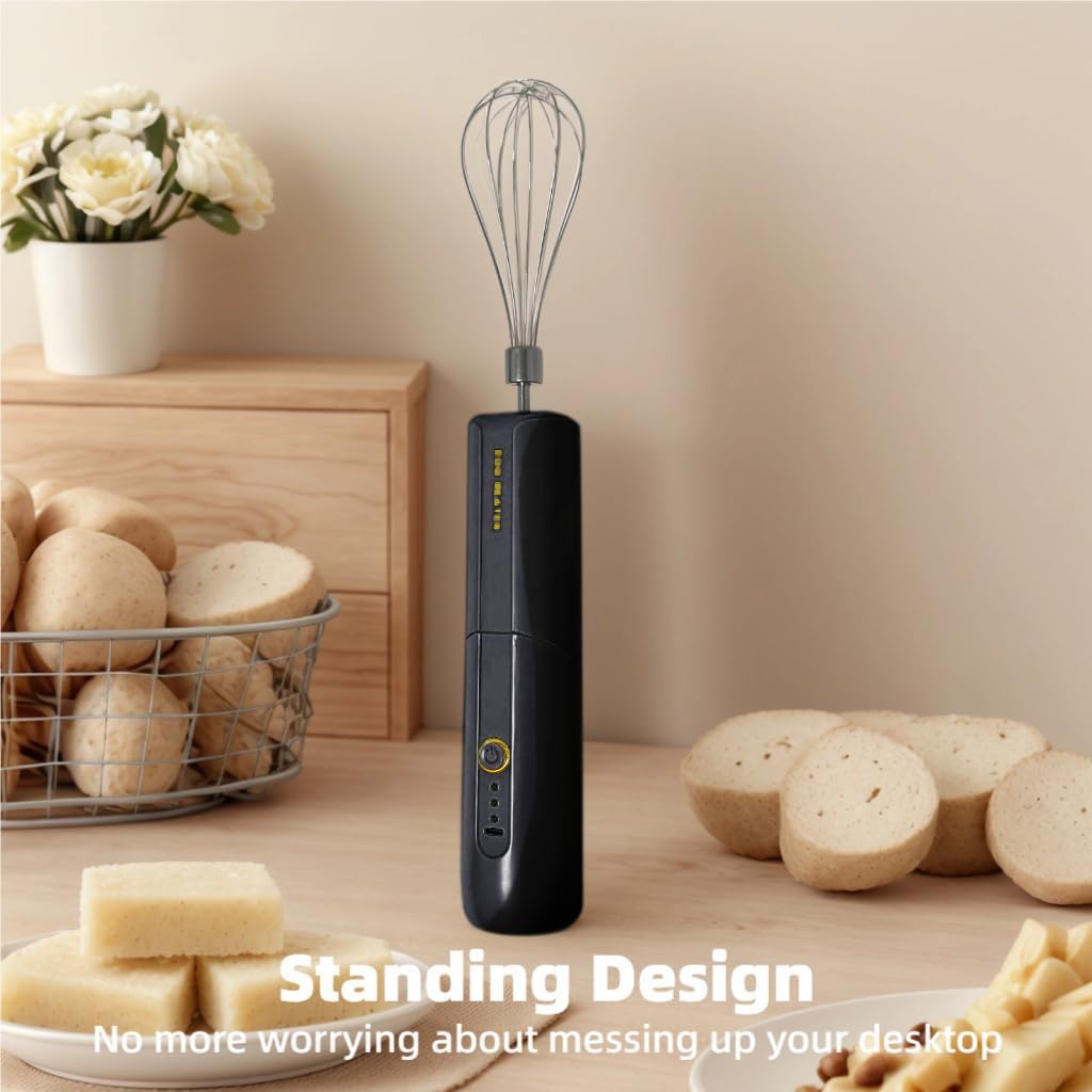 Cordless Hand Mixer, Foldable Design Handheld Electric Whisk with 3 Speed Modes, Hand Held Egg Beater with 2 Detachable Stir Whisks (Black)
