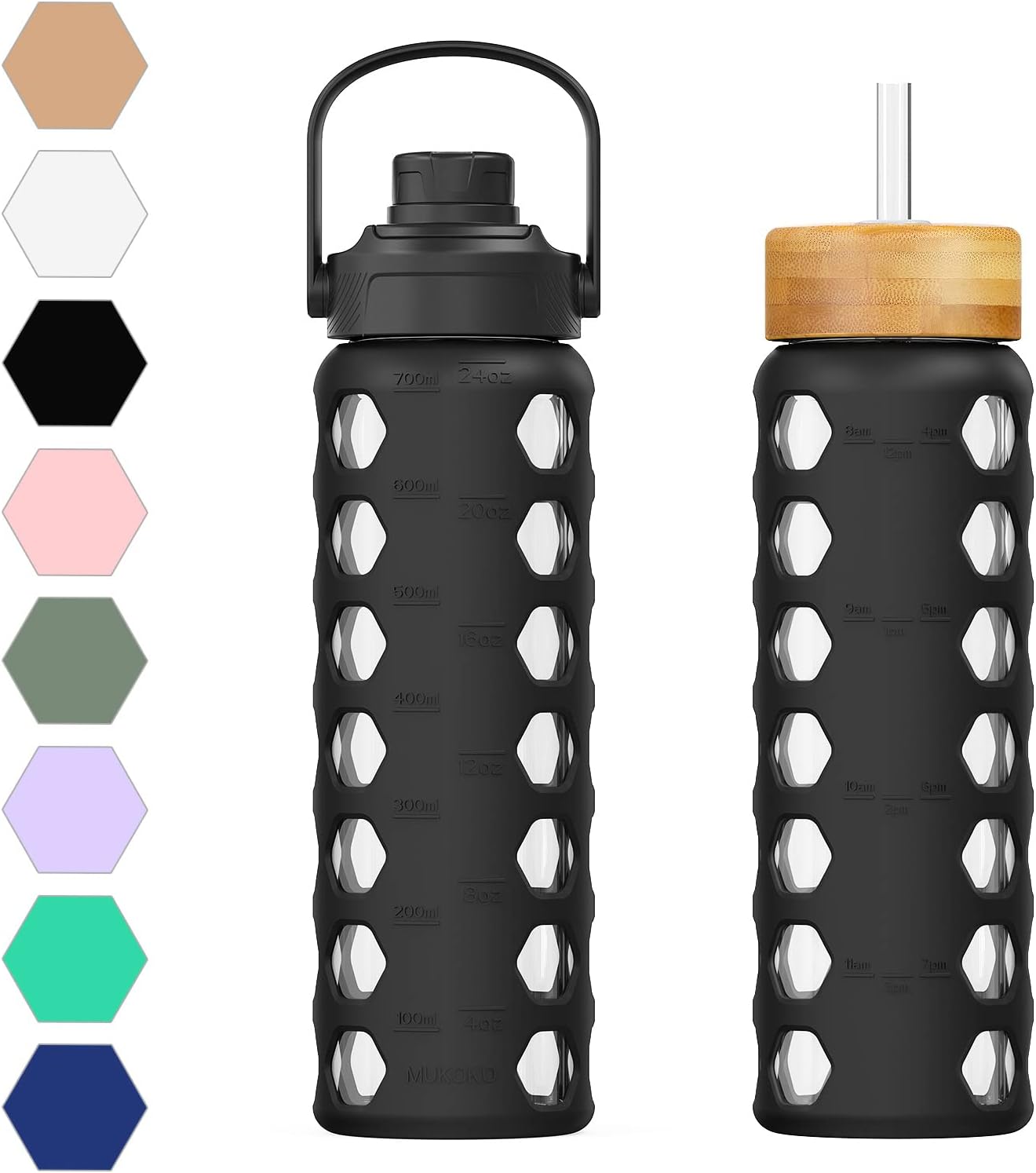 MUKOKO 24oz Glass Water Bottle with 2 Lids-Handle Flip Lid&Bamboo Straw Lid,Motivational Water Tumbler with Time Marker Reminder and Silicone Sleeve, Leakproof-Black