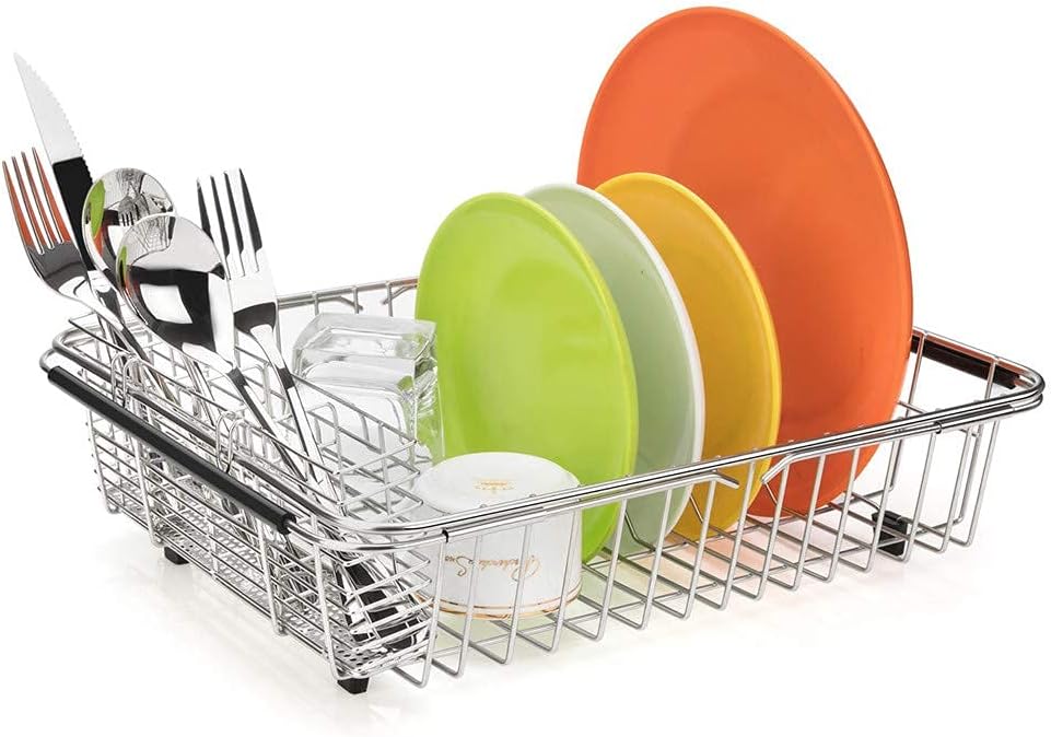 SANNO Expandable Dish Drying Rack,Large Dish Drainer Drainwith 4 Division Utensil Silverware Cutlery Holder, Expandable Dish Rack Shelf Dish Rack in Sink or Over Sink On Counter Stainless Steel