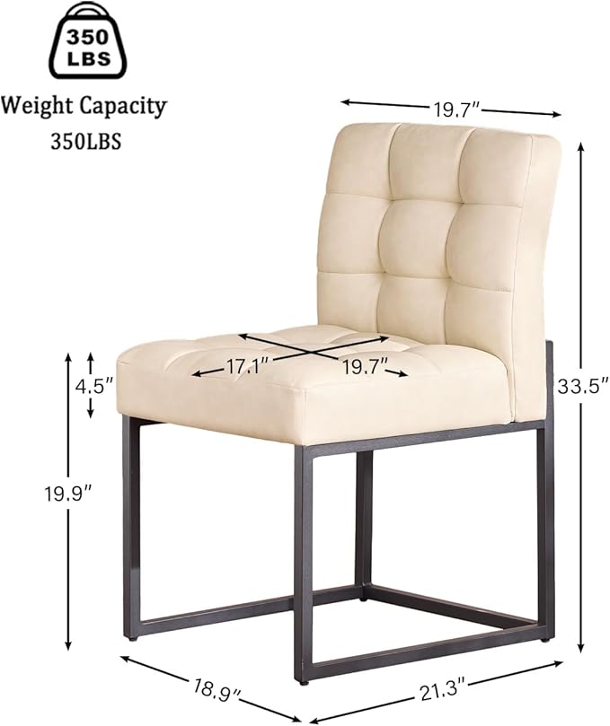 Beige Faux Leather Dining Chairs Set of 4, Mid-Century Modern Dining Room Chairs with Armless, Checkered Kitchen Chair with Metal Legs