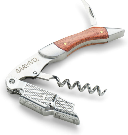 Barvivo Wine Opener with Foil Cutter and Cap Remover - Double Hinged Corkscrew for Bartenders - Stainless Steel Wine Key for Easy Bottle Opening - Manual Wine Bottle Opener - Pakkawood, 4.7x1.2-Inch