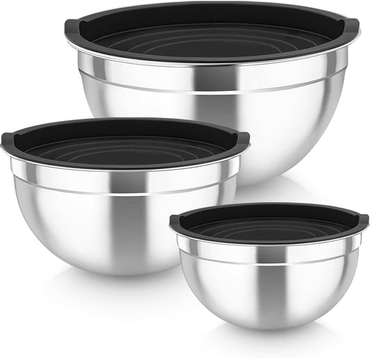 TeamFar Mixing Bowls, 4.6/3 / 1.5 QT, Stainless Steel Nesting Salad Bowls with Airtight Lids Set, For Serving/Mixing/Storing, Healthy & Long-lasting, Dishwasher Safe & Easy Clean, Black