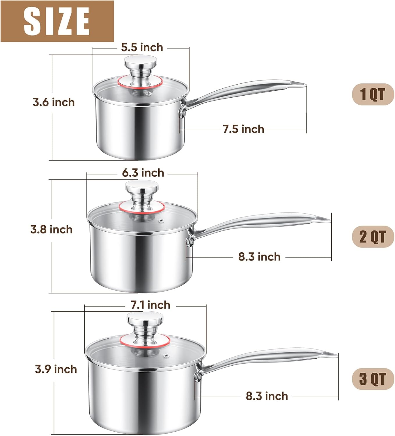 1/2/3QT Saucepan with Lid Set of 3, E-far 18/10 Stainless Steel Sauce Pan Pot Metal Triply Cookware for Kitchen Cooking Pasta Warming Milk Boiling Water, Induction Ready & Heavy Duty