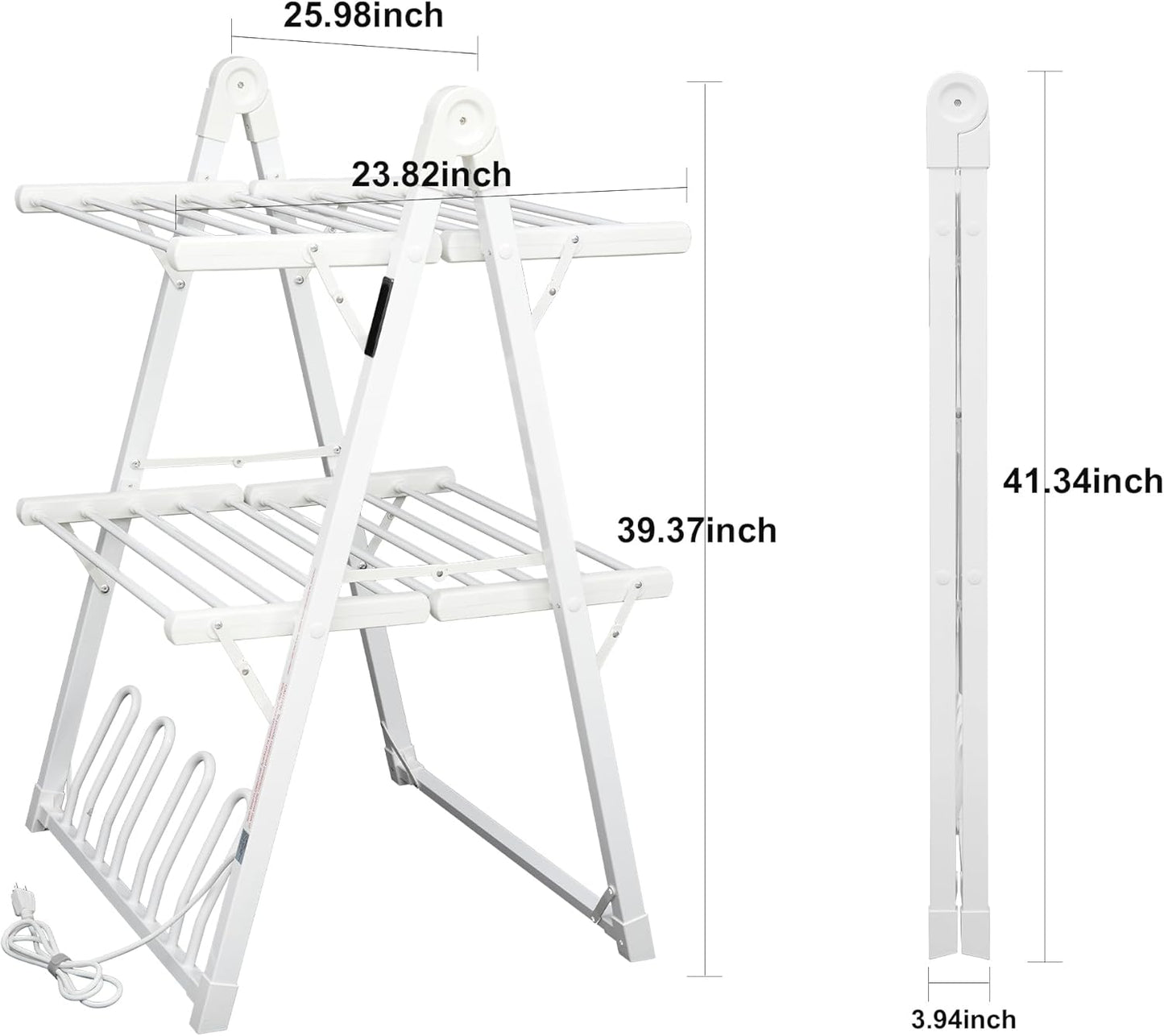 Electric Heated Clothes Drying Rack,Foldable Heated Garment Dryer with Timer Shut-Off Laundry Rack for Clothes Shoes Socks,Aluminum Alloy,White,Plug & Play,(39.37x25.98x23.82in)