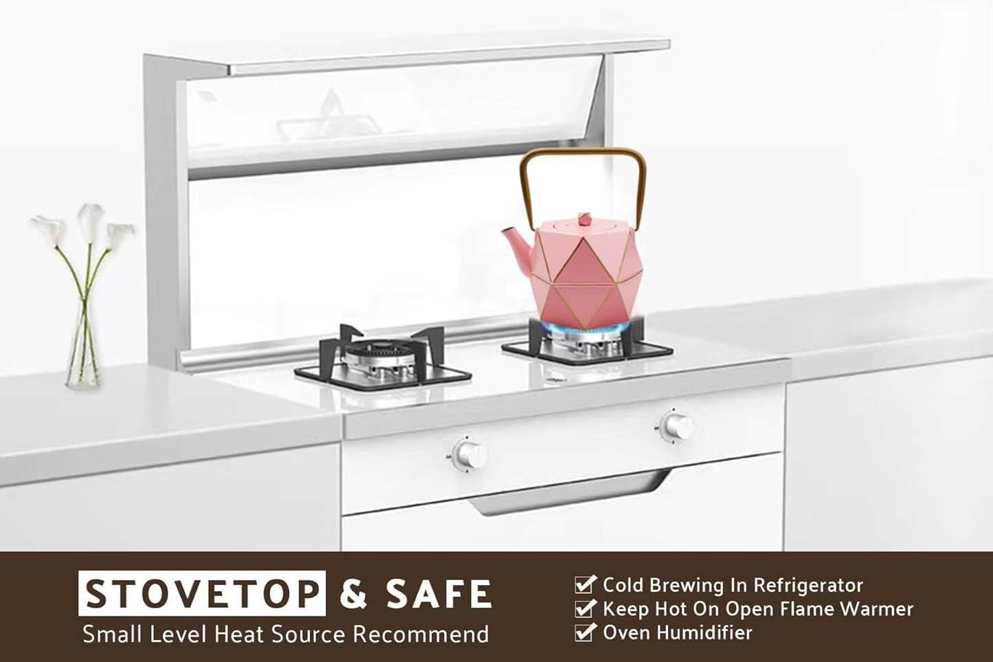 Toptier Cast Iron Teapot, Stovetop Safe Japanese Cast Iron Tea Kettle, Diamond Design Tea Pot with Removable Infuser for Loose Tea, 30 Ounce (900 ml), Pink