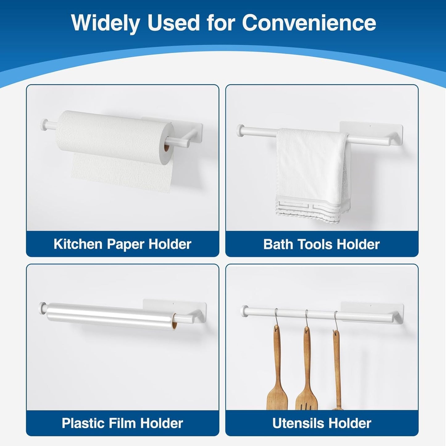 Paper Towel Holder - Self-Adhesive or Drilling, White, Wall Mounted, SUS304 Stainless Steel Kitchen Roll Dispenser Under Cabinet