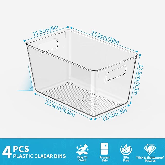 Clear Pantry Organizer Bins, Plastic Organizers & Storage Containers, Cabinet Organizer, Home Organization Must Haves for Kitchen, Laundry Room, Office, Closet & Freezer (4 Pack)