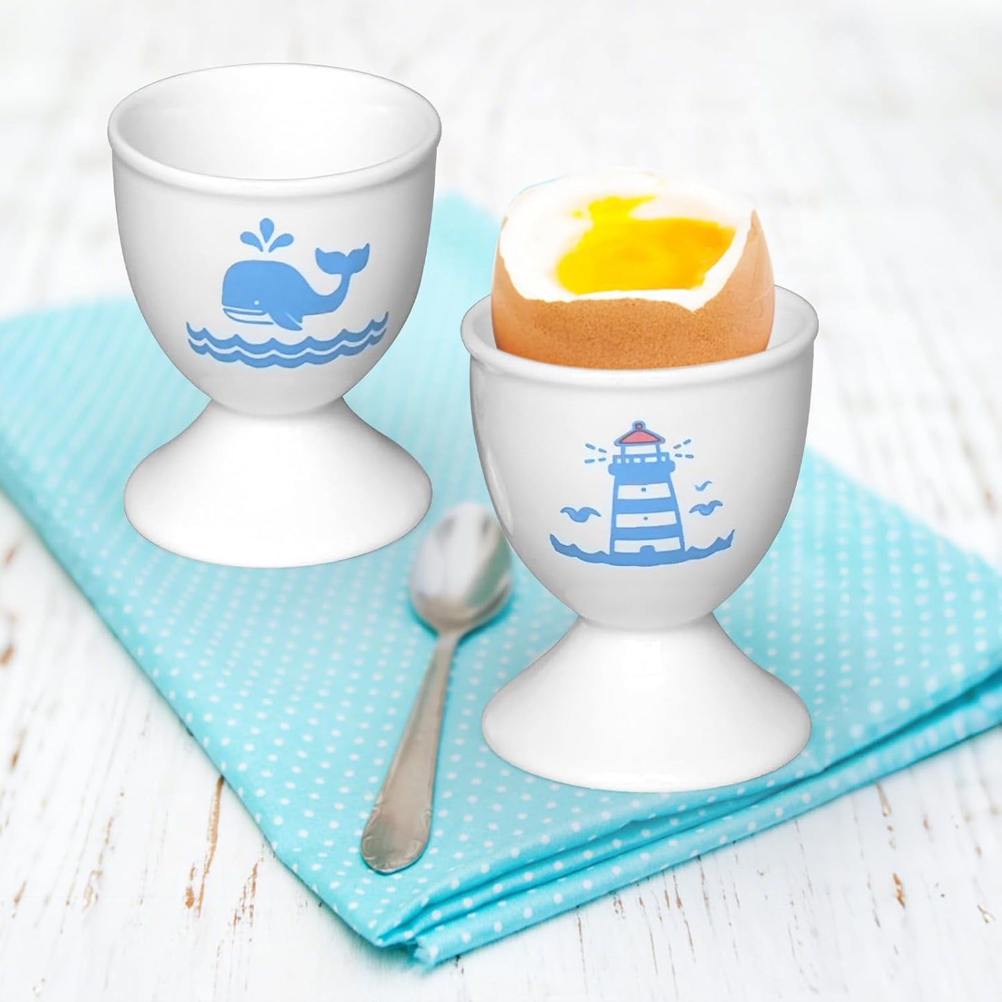 Cinf Ceramic Egg Cup Set of 2 Porcelain Holder Breakfast Boiled Cooking Easy to Clean Childhood Memories Kitchen(Lighthouse Whale)