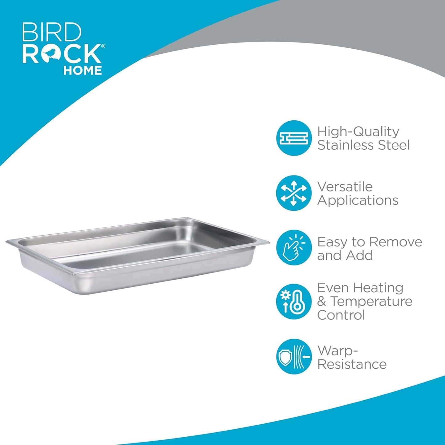 BIRDROCK HOME Stainless Steel Steam Table Pan - Hotel, Restaurant & Catering Supplies - 24 Gauge Steel, 9.1 qt Capacity - Meal Prep, Cooking, & Food Storage Container - 2.5" Depth, Full-Size (6 Pack)