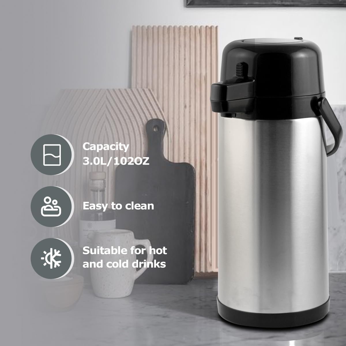 Airpot Coffee Dispenser with Pump,102 OZ/ 3L Large Coffee Dispenser with Tea Filter for Party Hot Drinks Water Tea Chocolate Hot/Cold Water, Insulated Stainless Steel Thermal Carafes