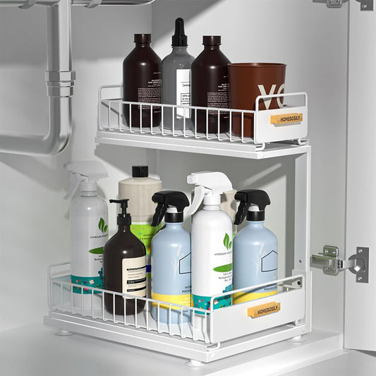 Under Sink Organizer, Pull Out Kitchen Cabinet Organizer, 2-Tier Metal Under Sink Organizers and Storage Height-Adjustable, Kitchen Bathroom Organizers and Storage Shelves, White