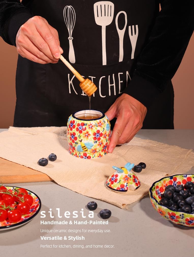 Silesia Handmade Honey Jar with Lid, 10 Ounce Ceramic Hand-Painted Honey Containers with Wooden Dipper, Honey Pot Set for Home and Kitchen in Gift Box, Oven, Dishwasher & Microwave Safe, Jungle Floral