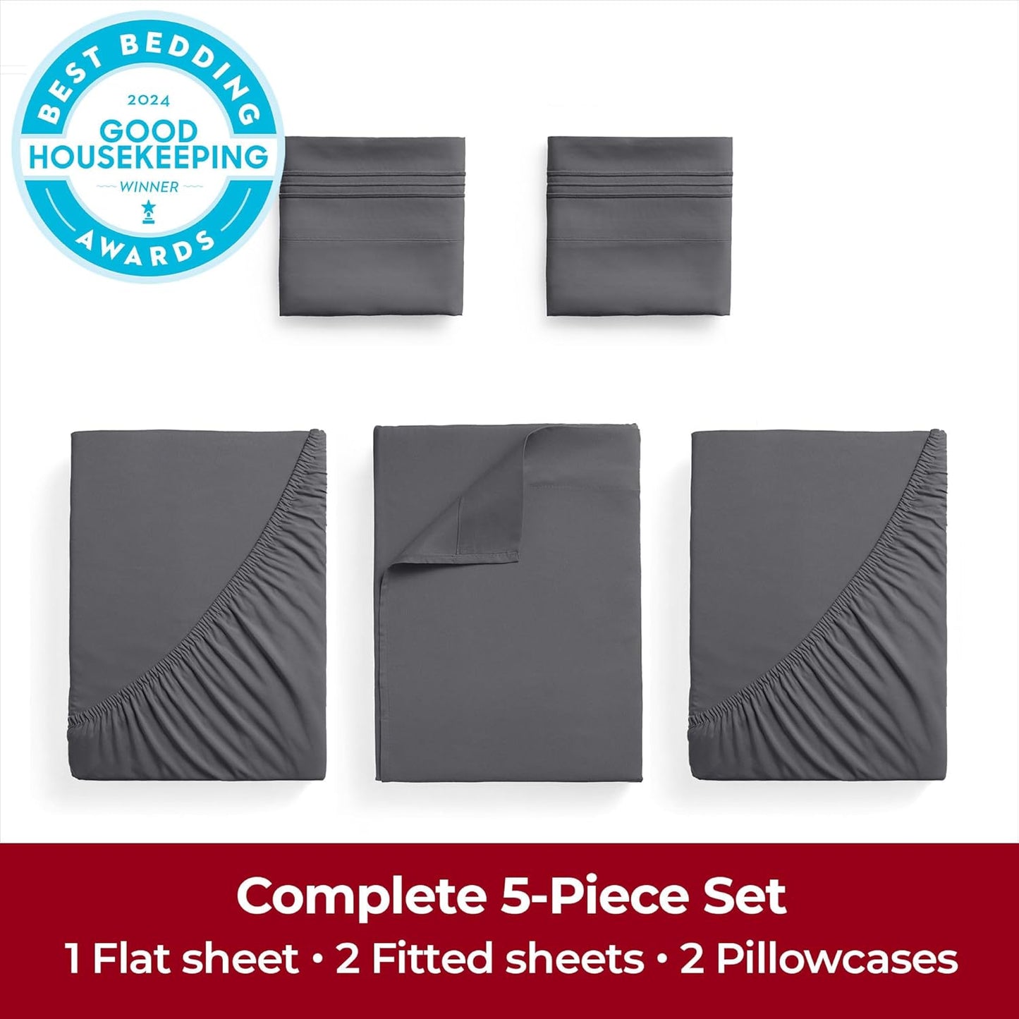 Mellanni Extra Deep Split King Sheets - 5 PC Iconic Collection Bedding - Hotel Luxury, Ultra Soft, Cooling Bed Sheets - Wrinkle, Fade, Stain Resistant (Split King, Gray)