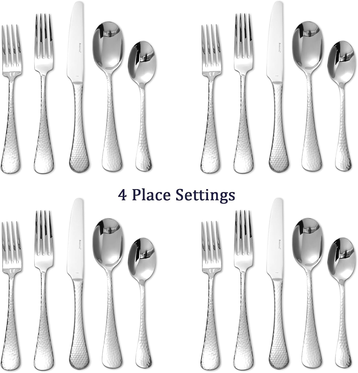 Flatware Set for 4, Barenthal Heavy Duty Silverware Set 20 Piece, Mirror Finish, Dishwasher Safe, Hammered Premium 18/10 Stainless Steel Cutlery Set for Home Restaurant Wedding Party, Gift