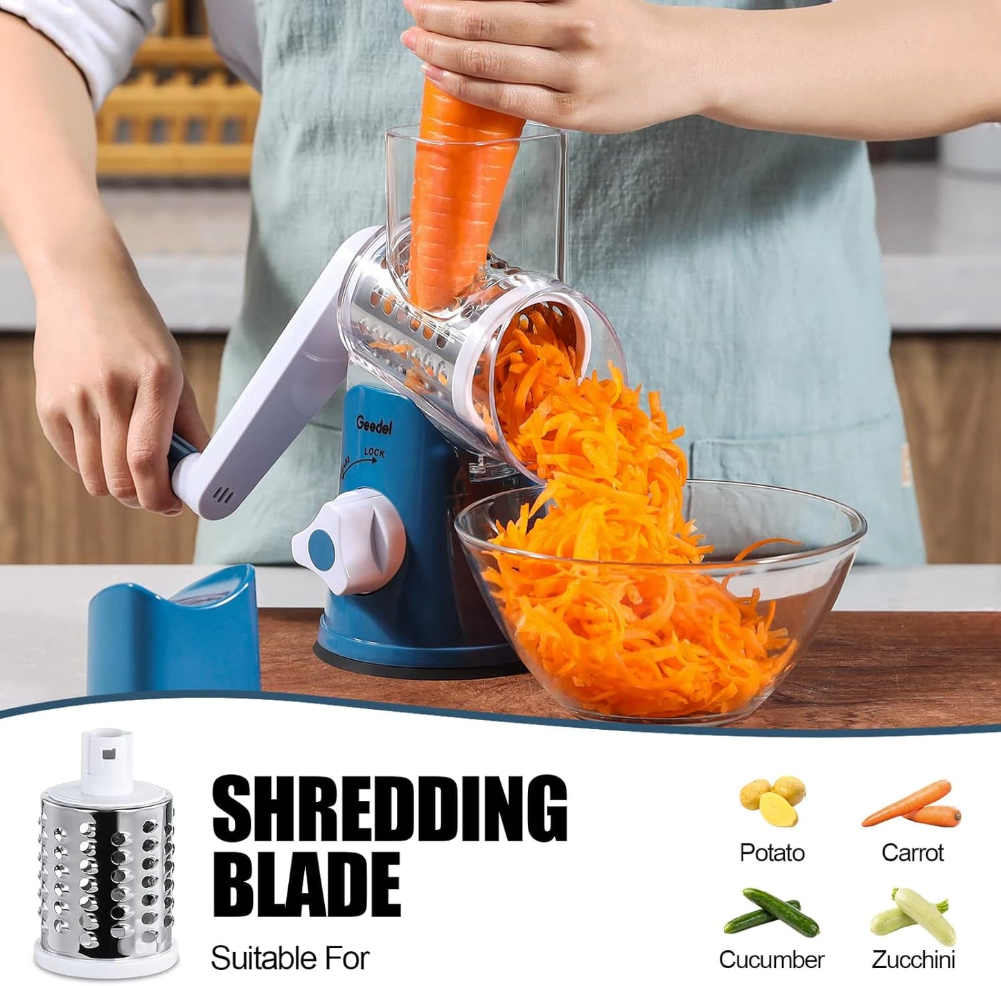 Geedel Rotary Cheese Grater, Kitchen Mandoline Vegetable Slicer with 3 Interchangeable Blades, Easy to Clean Rotary Grater Slicer for Fruit, Vegetables, Nuts