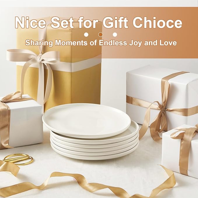 Jassceram 8.5 Inch Small Dinner Plates Set of 6, Ceramic Plates for Salad, Snack, Dessert and Appetizer - Microwave, Oven and Dishwasher Safe, Scratch Resistant and Lead-free, White