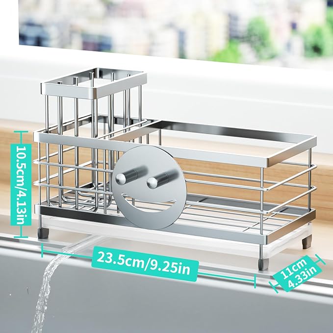 HapiRm Sponge Holder for Kitchen Sink - Self-draining Sink Caddy with Smiley Face and Brush Holder, Stainless Steel Kitchen Organizer for Countertop - Silver