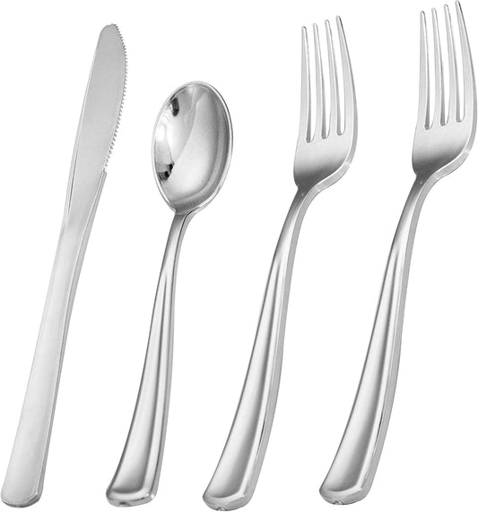 Liacere 200Pcs Silver Plastic Cutlery-Silver Plastic Silverware- Disposable Plastic Silverware - 100 Silver Forks, 50 Silver Spoons, 50 Silver Knives Perfect for Wedding＆Valentine's Day