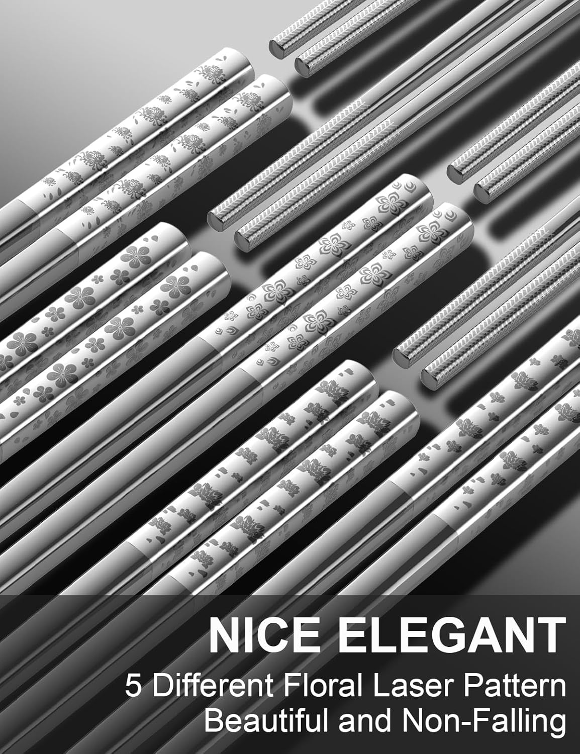 Metal Chopsticks Reusable 18/8 stainless steel Chopsticks 5 Pairs Classic Floral Dishwasher Safe Lightweight Non-Slip Chop Sticks 9 1/4 Inches Present Set