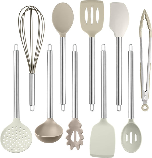 COOK WITH COLOR Silicone Cooking Utensils, Kitchen Utensil Set, Easy to Clean Silicone Kitchen Utensils, Cooking Utensils for Nonstick Cookware, Kitchen Gadgets Set, 10 Pieces, Brown