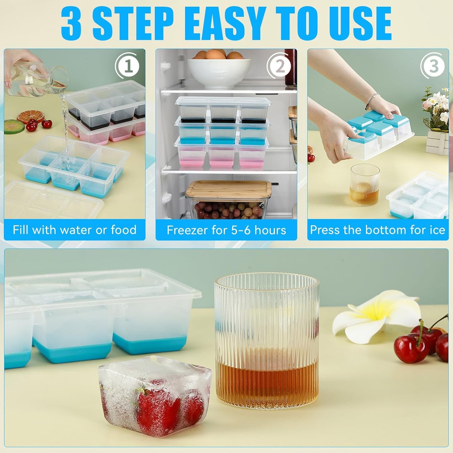 Ice Cube Trays 2 Pack, JRISBO Large Silicone Ice Cube Molds with Leak-Proof Lid, Transparent TPE Frame & Easy Release Bottom, Stackable Freezer Ice Trays for Whiskey, Cocktails, Soup, BPA Free