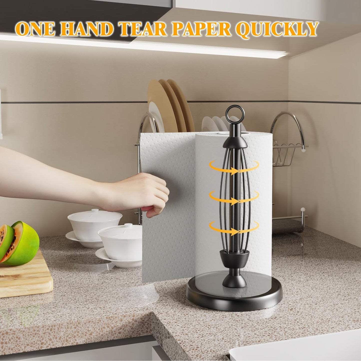 Black Paper Towel Holder Countertop, One-Handed Tear, Stainless Steel, Weighted Base, Ring Paper Towel Holder Stand with Ratchet System for Kitchen Farmhouse Essentials Decor