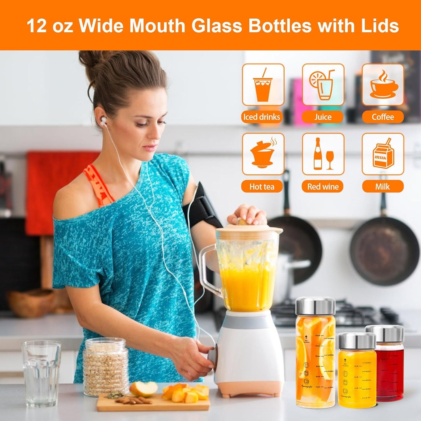 Glass Juice Bottles 4 Pack 12 oz - Wide Mouth Glass Water Bottles with Lids - for Juicing, Smoothies, Milk, Protein, BPA Free, Reusable, Stainless Steel Lids, Leak Proof, Shaker bottle [12oz/400ml]