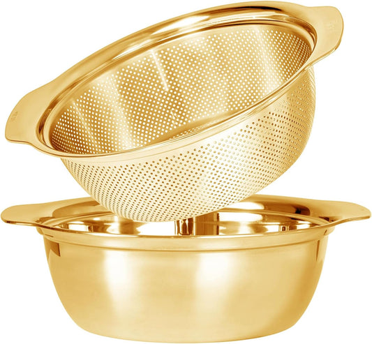304 Stainless Steel Microporous Colander with Handle, Rice Washers Microporous Strainer Set For washing vegetables, fruits and rice, and draining cooked pasta(4QT with handle-Gold)