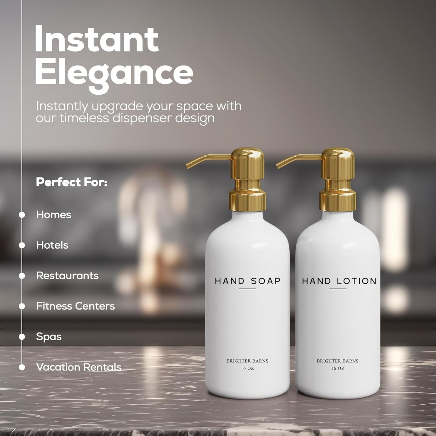 Luxury Glass Soap and Lotion Dispenser Set by Brighter Barns - Liquid Soap Dispenser Bathroom Set - White and Gold Bathroom Accessories for Vacation Rental, Airbnb, Hotel, Wedding Gift (Gold)