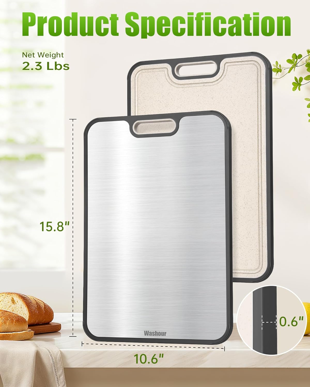 Titanium Cutting Board for Kitchen, Cutting Board Double Sided Food Grade, Pure Titanium and Wheat Straw PP, Easy to Clean Large Size 16”×11”